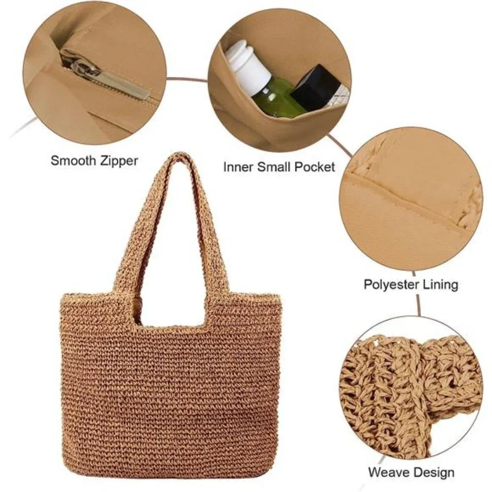 Straw Beach Bag for Women Summer Woven Tote Bag Shoulder Handbags Cute - Picture 4 of 6